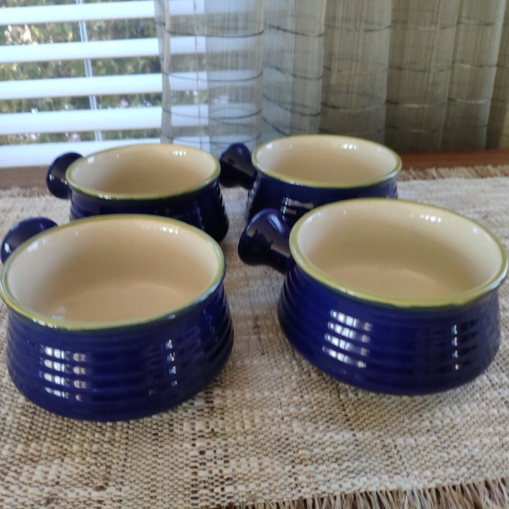 French Onion Soup Chili Bowls Set of 4, VTG Ribbed Cobalt Blue Green Rim 6"